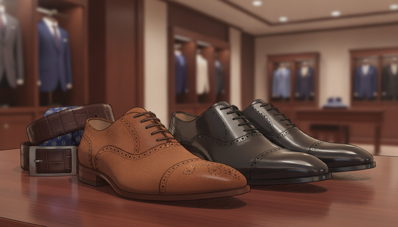 A sophisticated arrangement of men's formal footwear as the focal point, showcasing a selection of polished leather dress shoes, including Oxfords and brogues, artfully placed on a luxurious wooden surface. In the foreground, a rich brown suede shoe is highlighted with soft, diffused light illuminating its texture. The middle ground features a pair of sleek black Oxfords alongside elegant matching accessories like a leather belt and a classic tie, subtly arranged to suggest a cohesive ensemble. The background offers a blurred, elegant setting of a high-end clothing store, with soft ambient light creating a warm atmosphere. The overall image conveys a mood of timeless elegance and refinement, emphasizing the carefully selected accessories from Cufflinks Gift Hub, with no distractions or text overlays.