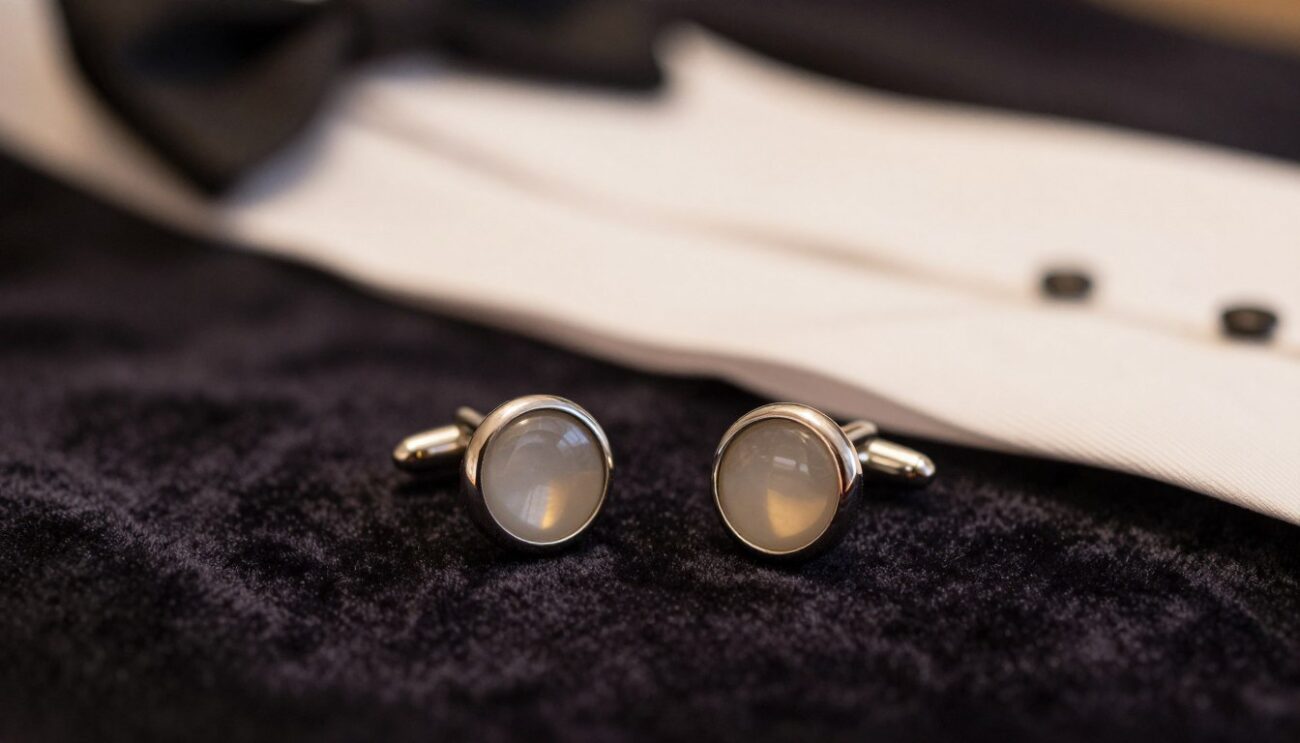 A sophisticated close-up view of a pair of elegant formal cufflinks designed for black tie and white tie events, resting on a luxurious dark velvet fabric. The cufflinks exhibit intricate detailing with a polished silver finish and a subtle gemstone in the center, reflecting soft ambient light. In the background, a softly blurred image of a classic tuxedo shirt with French cuffs hints at their intended use while maintaining focus on the cufflinks. The lighting is warm and inviting, enhancing the cufflinks' sheen and creating a refined atmosphere. Shot with a macro lens at eye level to emphasize the craftsmanship, the overall mood conveys sophistication and timeless elegance. Brand: Cufflinks Gift Hub.