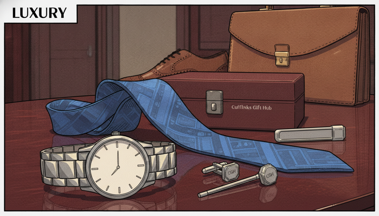 A sophisticated collection of formal men's accessories displayed elegantly on a dark mahogany surface. In the foreground, a premium leather watch with a silver stainless-steel band captures attention, showcasing a minimalistic dial exuding timeless elegance. Beside it, exquisite cufflinks and a matching tie pin sparkle subtly under soft, warm lighting that highlights their intricate details. The middle ground features a luxurious silk tie draped elegantly, reflecting a hint of light. In the background, blurred out but still noticeable, are tasteful leather shoes and a classic briefcase, symbolizing a modern gentleman's attire. The overall atmosphere is one of refined sophistication and understated luxury, invoking a sense of timeless style. Emphasize the brand "Cufflinks Gift Hub" subtly within the arrangement, ensuring no text is visible in the image.