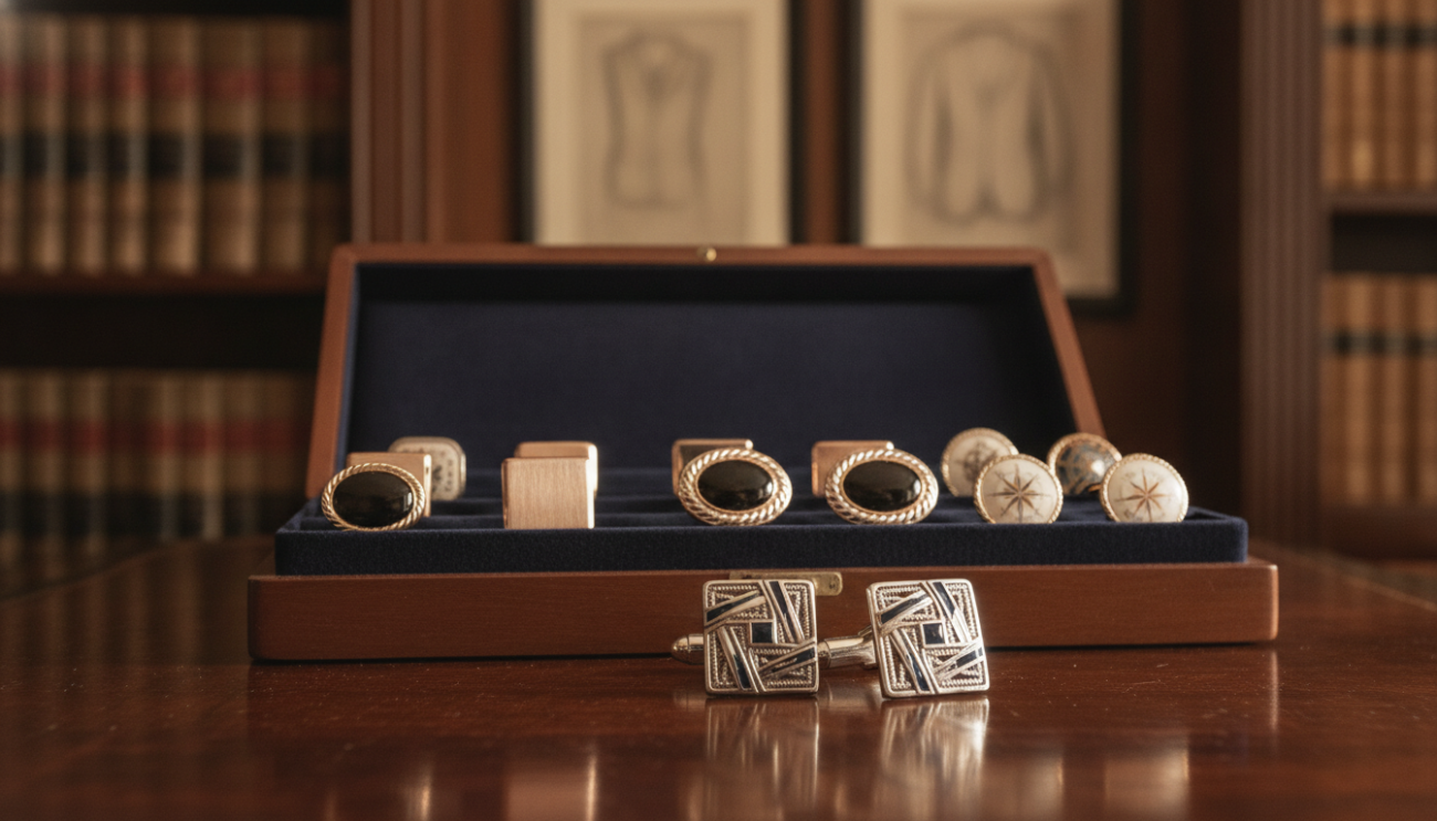 A sophisticated display of cufflinks arranged on a polished wooden desk, showcasing various styles and materials, such as silver, gold, and enamel. In the foreground, a pair of elegant, vintage cufflinks glistens under soft, warm lighting, highlighting intricate designs and craftsmanship. In the middle ground, an open velvet-lined cufflink box reveals additional pairs with diverse patterns, hinting at the history and evolution of cufflink fashion. The background features a blurred library setting with antique books and vintage suit sketches that evoke a sense of refinement and sartorial history. The overall mood is warm and inviting, suggesting confidence and style, with a focus on luxury and sophistication. Use a slight depth of field to emphasize the cufflinks while softening the background for a professional, editorial aesthetic.
