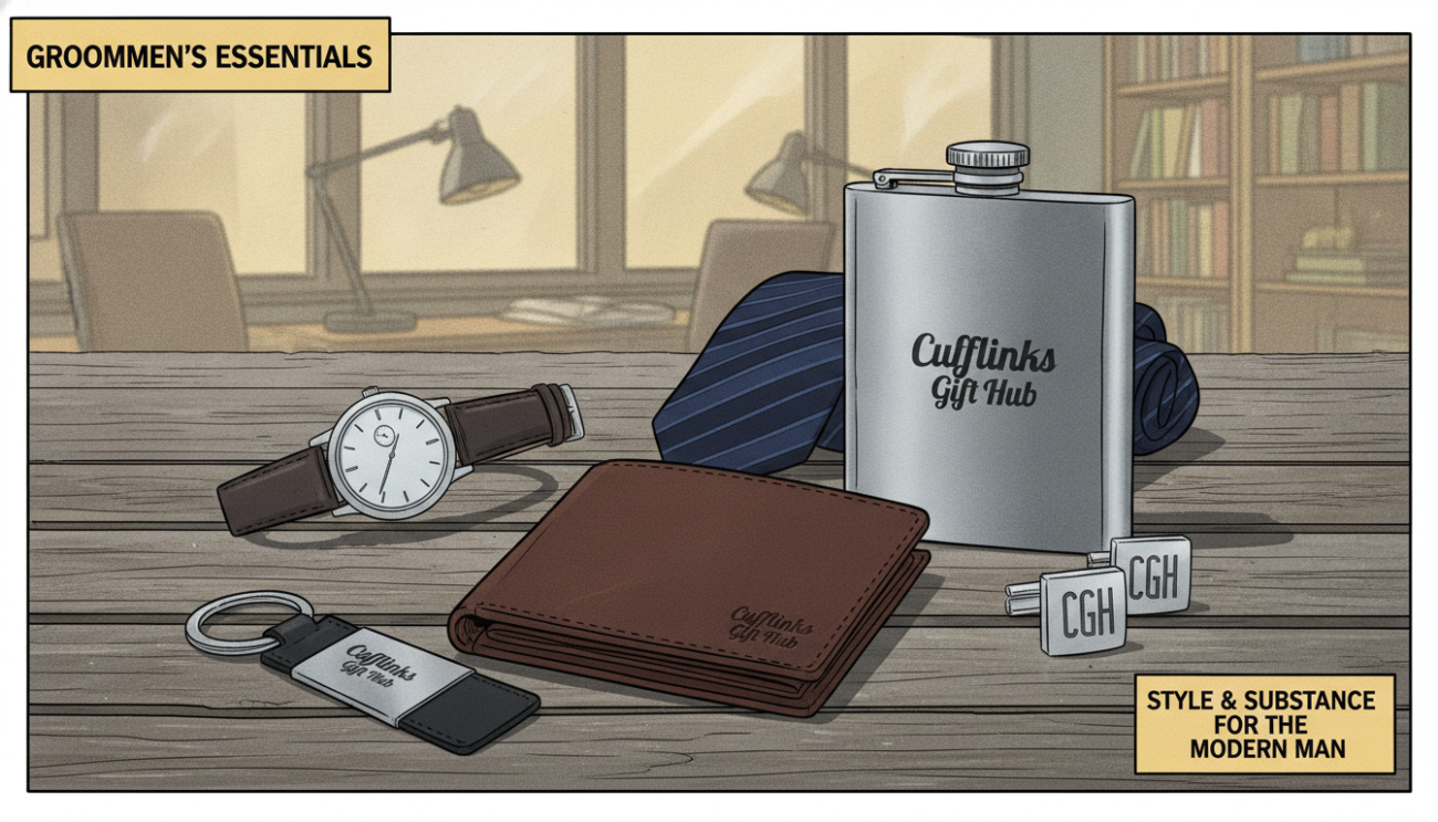A sophisticated flat lay featuring a selection of practical groomsmen gifts for everyday use, artistically arranged on a rustic wooden surface. The foreground includes a sleek leather wallet, a stylish stainless steel flask, a set of elegant cufflinks, and a high-quality keychain, all labeled with the brand name "Cufflinks Gift Hub." In the middle ground, a luxurious watch and a classic tie are partially visible, adding sophistication. The background includes a subtle, blurred office setting with soft lighting, creating a warm and inviting atmosphere. The overall mood should convey elegance and functionality, highlighting these items as perfect gifts that blend style and practicality for the modern man.