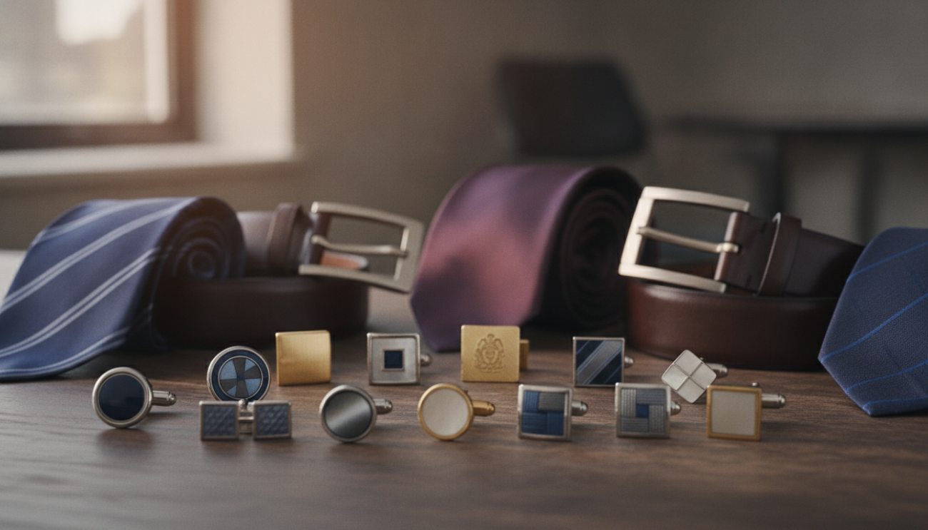 A sophisticated flat lay of corporate cufflinks, prominently displayed in the foreground, featuring a variety of styles such as classic silver, gold, and unique patterned designs. Surrounding the cufflinks, include elegant accessories like silk ties and leather belts in the middle layer, enhancing the corporate theme. The background should subtly showcase a blurred office environment, hinting at professionalism, with soft natural light streaming in from a window, creating a warm and inviting atmosphere. The overall mood should convey sophistication and attention to detail, appealing to a discerning audience seeking quality corporate gifts. The image should be styled with high-quality textures and a balanced composition, without any text or branding elements.