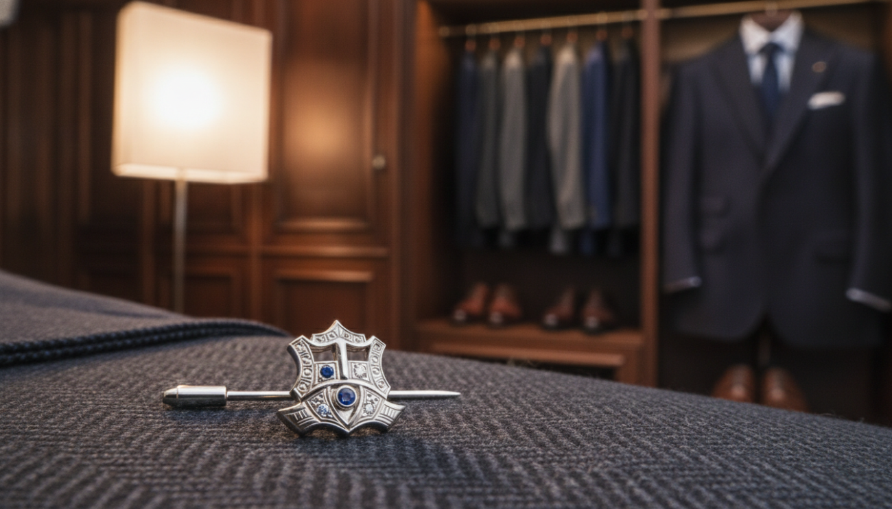 A sophisticated men's suit pin, elegantly designed with a polished silver finish, catching the light to reveal intricate craftsmanship. In the foreground, the pin is displayed on a soft, textured fabric backdrop that resembles fine wool. Delicate details of the pin, such as subtle engravings and gemstone accents, are highlighted. In the middle ground, a portion of a tailored suit jacket can be seen, suggesting its intended use. The background is softly blurred, featuring an upscale gentleman's wardrobe, hinting at a timeless fashion atmosphere. The lighting is warm and inviting, created by a soft diffused source to enhance the luxurious feel. The image conveys an aura of elegance and refined style, perfect for illustrating the premium nature of the suit pin.