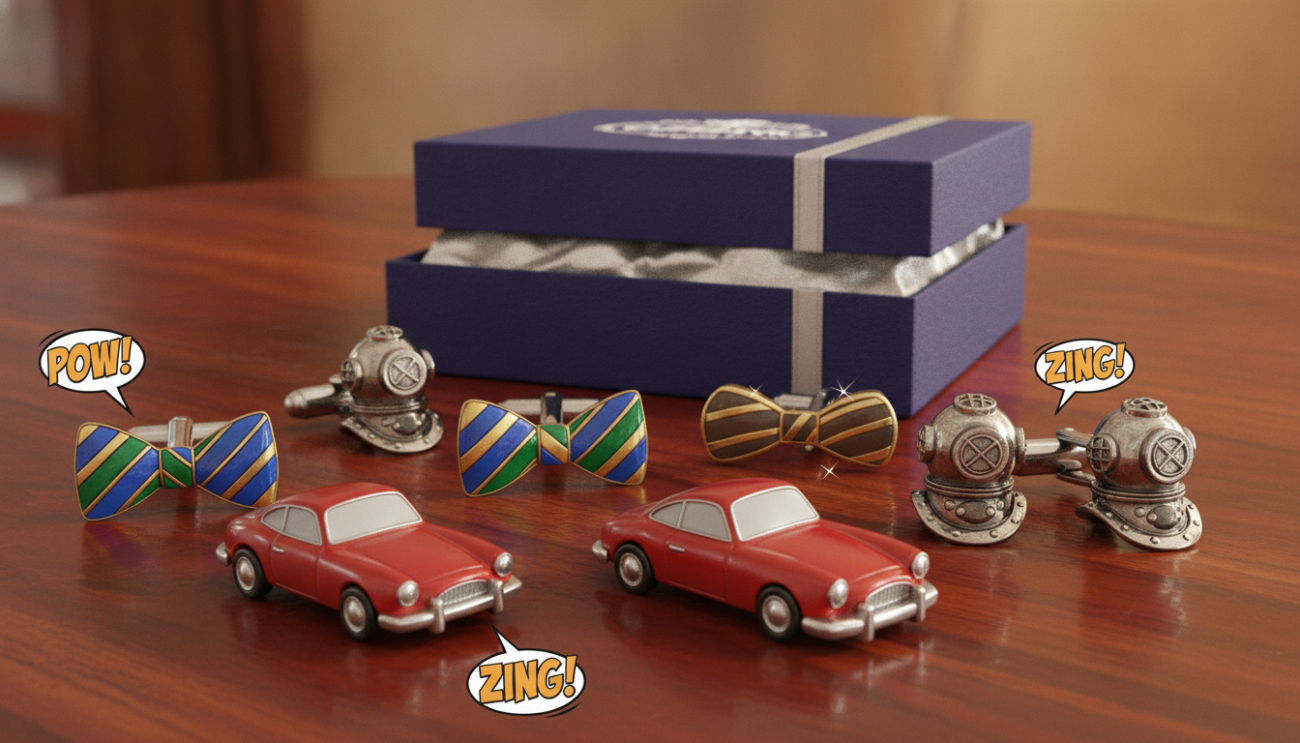 A stylish arrangement of novelty cufflinks for men displayed on a sleek, dark wooden surface. The foreground features a variety of whimsical cufflink designs, including a comical pair shaped like tiny cars and another set resembling vibrant bow ties, all meticulously polished to reflect light. In the middle ground, a sophisticated gift box from "Cufflinks Gift Hub" is partially open, showcasing elegant wrapping, hinting at the perfect gift idea. The background is softly blurred to highlight the cufflinks, with gentle warm lighting illuminating the scene, creating an inviting atmosphere. This image encapsulates sophistication and humor in men's accessories, ideal for a refined yet playful touch.