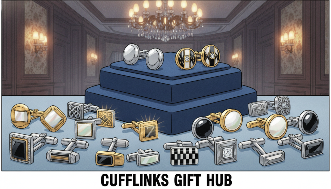 A stylish arrangement of various cufflink styles suitable for black tie events, featuring an array of classic, modern, and vintage designs. The foreground showcases intricate cufflinks made of polished silver and gold, with embellishments of onyx, mother-of-pearl, and enamel. In the middle ground, a velvet cufflink display stand highlights different shapes and designs, including oval, square, and round. The background features a softly blurred setting of a luxurious formal dining room, adorned with elegant lighting and rich textures, creating an atmosphere of sophistication and refinement. Warm, gentle lighting enhances the metallic sheen of the cufflinks, while a slight overhead angle captures their intricate details. The overall mood is elegant and inviting, perfectly reflecting the essence of formal occasions. Cufflinks Gift Hub.