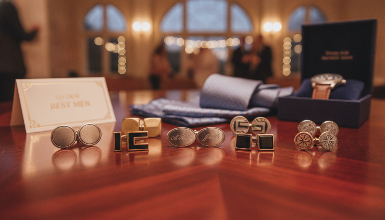 A stylish collection of customized cufflinks showcased on a polished wooden surface, surrounded by elegant groomsmen gifts like a matching tie, pocket square, and a stylish watch. In the foreground, a variety of cufflink styles including classic silver, modern geometric designs, and personalized engraved options with initials. Soft, warm lighting creates a sophisticated atmosphere, highlighting the craftsmanship of the cufflinks. In the middle ground, a tasteful groomsmen card and a luxurious gift box are partially visible, enhancing the scene. The background features a soft, blurred setting of a wedding venue, evoking a celebratory mood. The image should be captured with a shallow depth of field to emphasize the cufflinks while maintaining a clean, professional look.