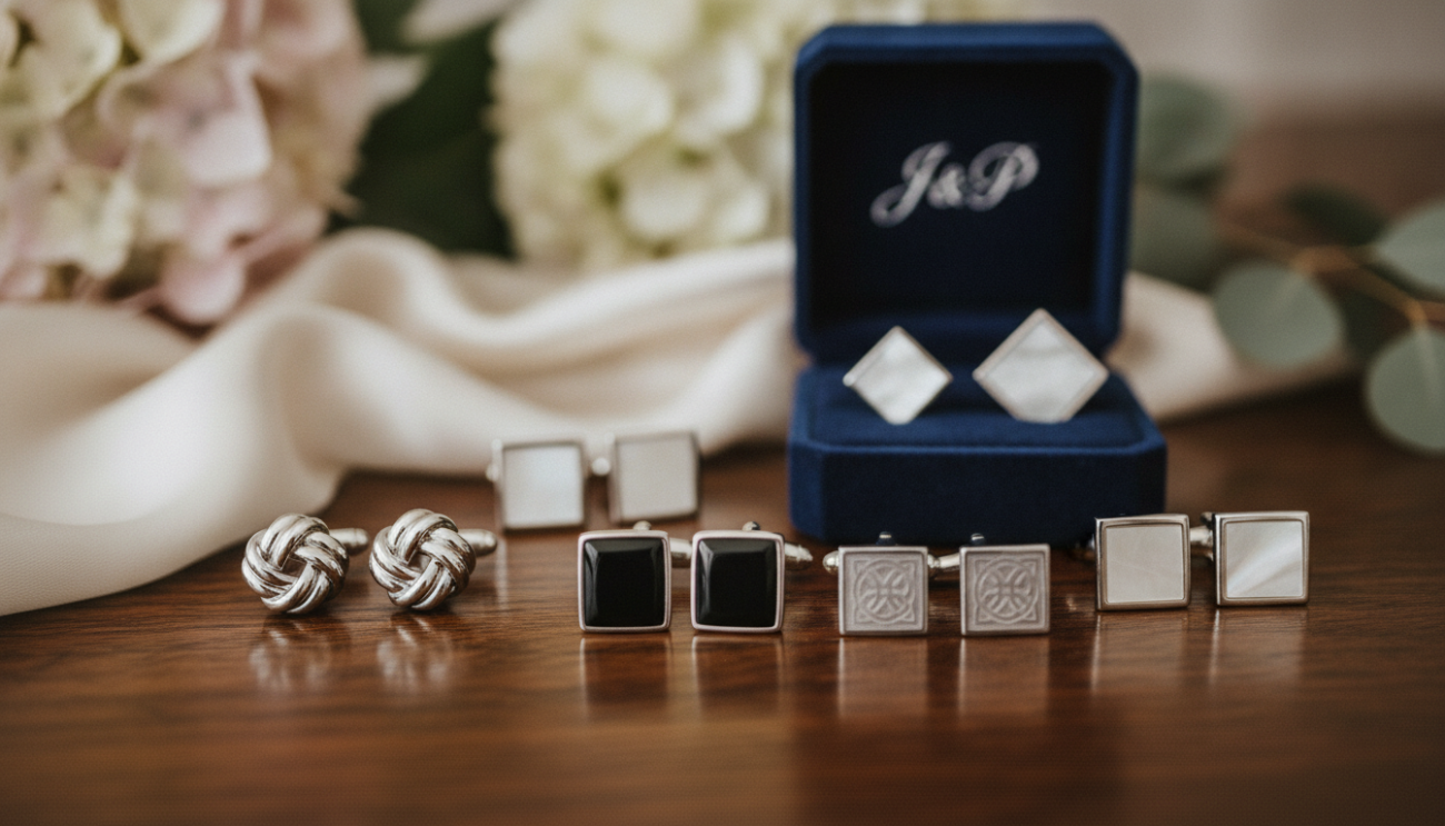 A stylish collection of wedding cufflinks displayed elegantly on a polished wooden surface, emphasizing popular brands for UK groomsmen. In the foreground, an assortment of cufflinks featuring various designs: classic silver knots, sleek black onyx, and intricate patterned styles, all glistening under soft, diffused lighting that enhances their metallic sheen. The middle ground includes a tasteful velvet box partially opened, showcasing more cufflinks while hints of textured fabric surround it, adding depth. In the background, a softly blurred floral arrangement in pastel colors, creating a romantic atmosphere. The mood is sophisticated and refined, capturing the essence of wedding elegance without clutter. Shot with a shallow depth of field, focusing on the cufflinks while the background remains softly muted.