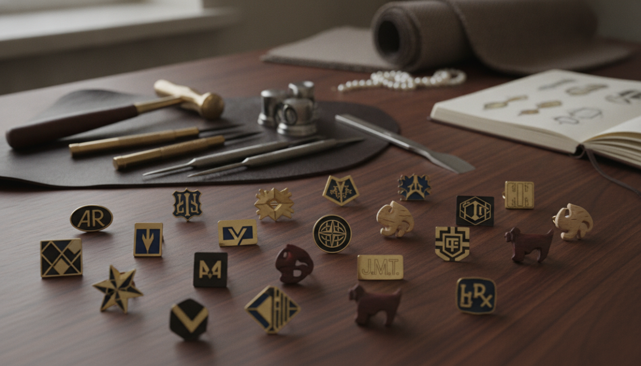 A stylish composition showcasing a variety of modern lapel pin designs arranged artfully on a deep wood surface, emphasizing craftsmanship and bespoke artistry. In the foreground, unique pins crafted in various materials such as enamel, metal, and wood, exhibit intricate details like geometric shapes and personalized initials. The middle ground features a polished artisan's toolset, hinting at the craftsmanship behind each piece. The background includes soft, blurred elements of a designer's workspace, such as fabric swatches and sketches, to evoke creativity and style. Soft, natural lighting bathes the scene, accentuating textures and colors, while a slight overhead angle captures the arrangement beautifully. The mood is sophisticated and inspiring, ideal for celebrating personalized lapel pin trends.