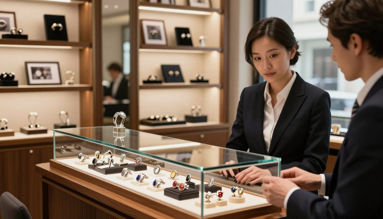 A stylish cufflink store interior, showcasing an array of elegant cufflinks displayed prominently in polished glass showcases. The foreground features a sleek wooden counter with a professional salesperson dressed in smart business attire, engaging with a customer who has a thoughtful expression. In the middle, shelves are filled with various designs of cufflinks, from classic silver to modern enameled pieces, softly illuminated by warm, inviting lights. The background shows tasteful décor, including framed photographs of cufflinks on the walls and a large window letting in natural light, creating a welcoming atmosphere. The overall mood is sophisticated yet approachable, inviting customers to explore the selection. The scene is shot from a slightly elevated angle, using a shallow depth of field to focus on the cufflinks while blurring the background gently.