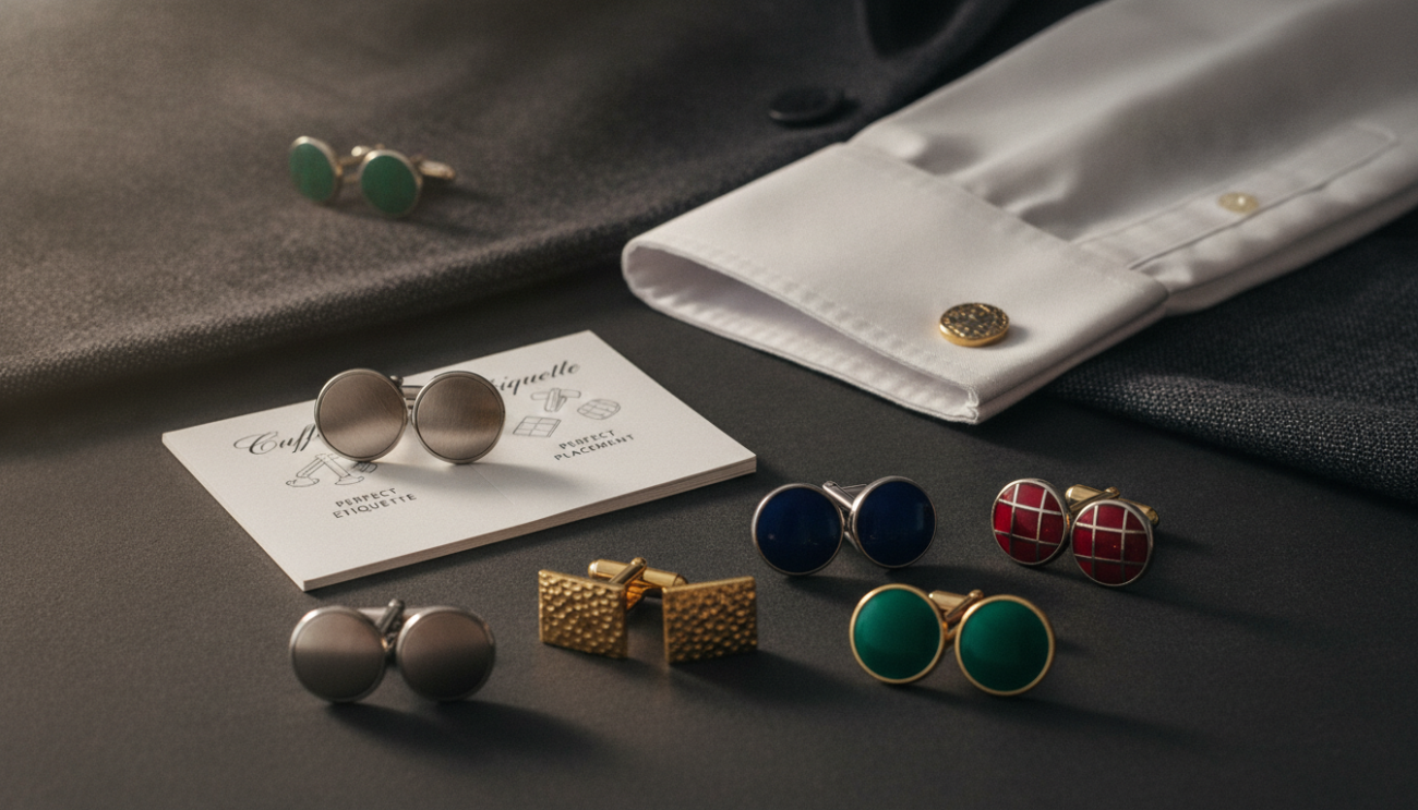 A stylish flat lay composition showcasing cufflinks in various designs, highlighting tips for effective wear. In the foreground, focus on several pairs of cufflinks arranged artfully, including classic silver, gold, and colorful enamel options. In the middle ground, an elegant shirt with french cuffs is partially visible, showcasing perfect cufflink placement. The background features a soft, blurred texture of a tailored suit jacket, enhancing the refined aesthetic. Warm, diffused lighting creates a sophisticated atmosphere, casting gentle shadows, while the angle captures the depth and detail of the cufflinks. Aim for an elegant and polished look that inspires confidence and complements the theme of dressing sharp.