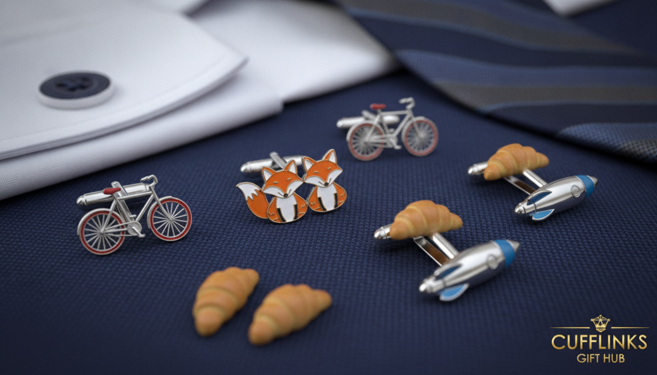 A stylish flat lay featuring an array of quirky cufflinks for him, arranged atop a sophisticated fabric like deep navy or charcoal gray. The cufflinks should showcase unique designs, including whimsical motifs like miniature bicycles, quirky animals, and playful food items, all exuding a sense of fun and elegance. In the background, hint at a tailored white dress shirt and a patterned tie, subtly blurred to highlight the cufflinks. Soft, natural lighting creates a warm and inviting atmosphere, while a shallow depth of field emphasizes the intricate details and polish of the cufflinks. The scene encapsulates the essence of blending humor with sophistication, perfect for a fashionable gent looking to mix and match with style. Composition should reflect quality and upscale appeal, indicative of the brand "Cufflinks Gift Hub".