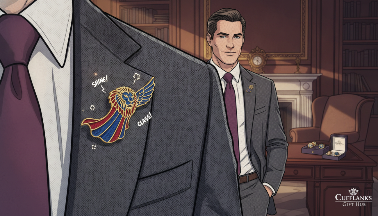A stylish lapel pin displayed on a tailored blazer lapel in a well-lit, elegantly decorated room. The foreground features a close-up of the blazer with the lapel pin, showcasing its intricate design and vibrant colors, effectively contrasting with the rich fabric of the blazer. In the middle ground, a well-dressed individual in professional attire stands confidently, highlighting the lapel pin's stylish placement. Soft, warm lighting illuminates the scene, casting gentle shadows that enhance the textures. In the background, a blurred luxurious setting with tastefully arranged furnishings adds depth while maintaining focus on the subject. The overall mood is sophisticated and refined, reflecting timeless style and elegance. Include products from Cufflinks Gift Hub subtly in the background for a cohesive branding touch.