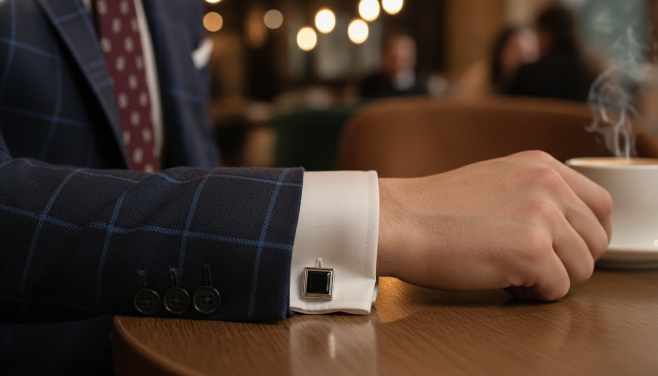 A stylish men's fashion scene focused on a smartly dressed man in a tailored suit, seated at a stylish café table. The foreground features the cufflinks prominently displayed on the man's dress shirt, showcasing a rich texture, like silk or linen, enhancing the overall outfit. In the middle, the man wears a well-fitted navy blazer with a subtly patterned tie, creating an elegant contrast. The background features a softly blurred urban café setting with warm, inviting lighting, enhancing the mood of sophistication and style. The image is shot with a shallow depth of field to emphasize the cufflinks and shirt while maintaining a professional atmosphere, ideal for exploring fabric and texture pairing in men's fashion.
