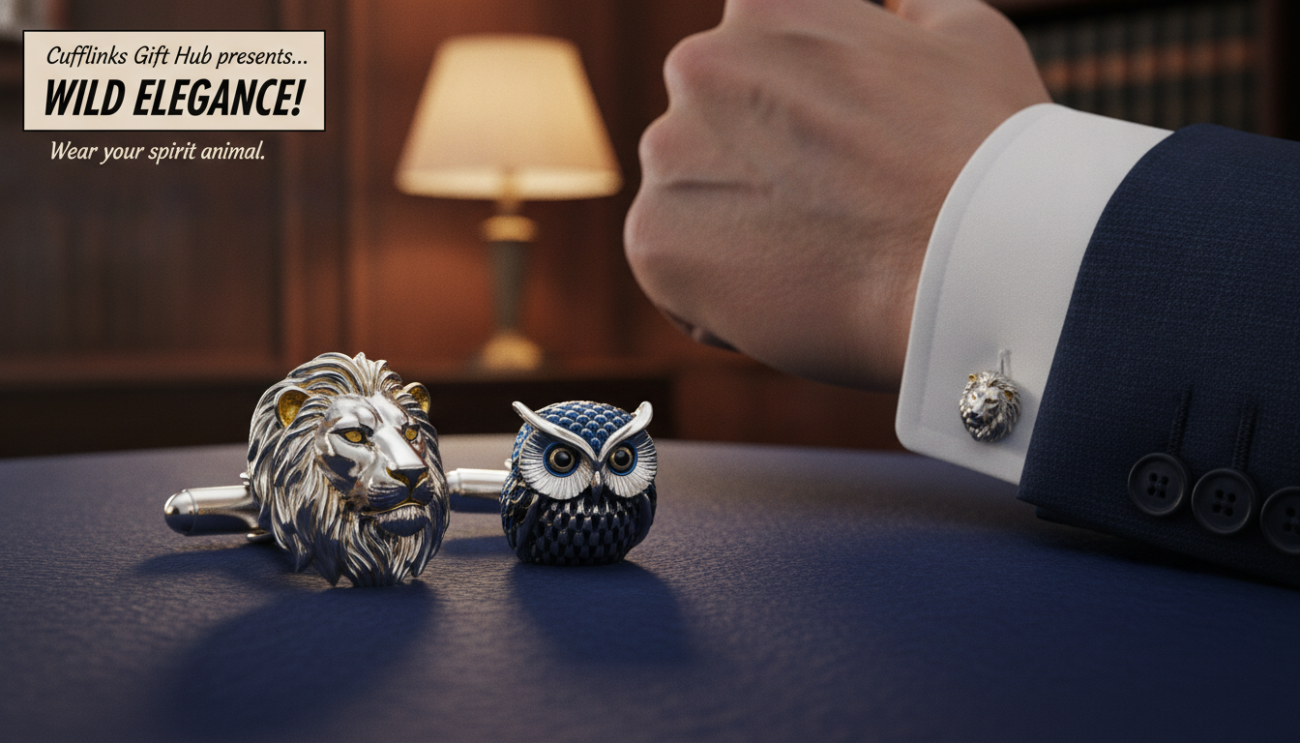 A stylish pair of animal-themed cufflinks features intricate designs of a lion and an owl, crafted in polished silver with hints of enamel coloring. The foreground showcases these cufflinks elegantly resting on a textured, dark blue fabric, emphasizing their craftsmanship. In the middle ground, a subtle glimpse of a well-dressed man’s wrist can be seen, wearing a sharp white dress shirt to highlight the cufflinks. The background is blurred, hinting at a sophisticated office environment, softly lit to create a warm, inviting atmosphere. The lighting casts gentle shadows, enhancing the cufflinks’ details and textures, while conveying a sense of refined elegance. The scene is perfect for showcasing "Cufflinks Gift Hub" collection, illustrating how to wear animal-themed cufflinks with style.