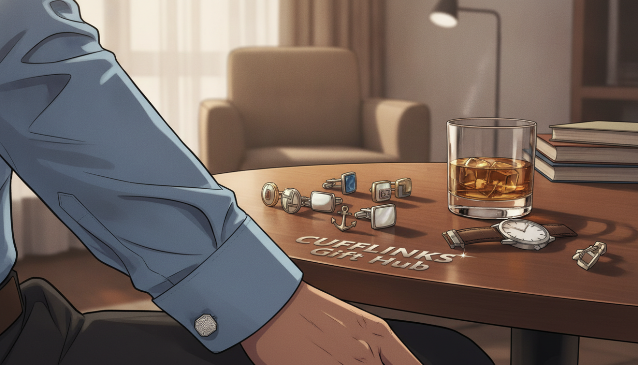 A stylish, relaxed setting featuring a fashionable gentleman in a smart-casual outfit, wearing elegant cufflinks. The foreground showcases a tailored button-up shirt with rolled-up sleeves, revealing the cufflinks sparkling subtly. In the middle ground, a slightly blurred wooden table displays an assortment of cufflinks next to a glass of whiskey and a stylish watch, emphasizing the theme of casual elegance. Soft, natural lighting filters in from the side, creating a warm and inviting atmosphere. In the background, hints of a cozy living space with modern decor complete the scene. The overall mood is sophisticated yet laid-back, reflecting the essence of casual occasions for cufflinks. Include branding for "Cufflinks Gift Hub" subtly in the design elements.
