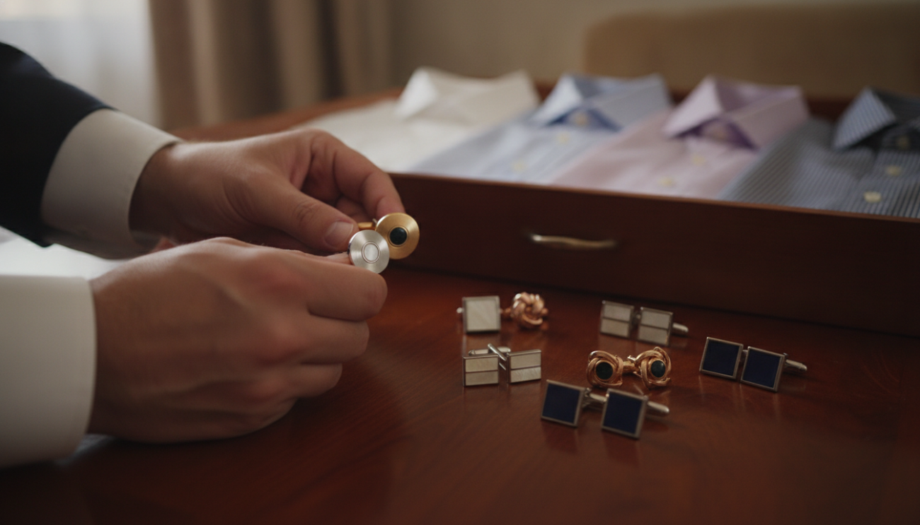 A stylish scene showcasing an elegant selection of cufflinks for shirts, arranged on a polished wooden table. In the foreground, a pair of sophisticated hands is thoughtfully examining two cufflinks—one silver-toned and one gold-toned—highlighting the role of color in cufflink selection. The background softly features a well-organized shirt drawer with various colored shirts, showcasing multiple cuff styles, each hinting at how different cufflinks complement them. Use warm, diffused lighting to create an inviting atmosphere, with a shallow depth of field focusing on the cufflinks and hands while softly blurring the shirt drawer. The composition should evoke a sense of sophistication and style, essential for dressing up a professional outfit.