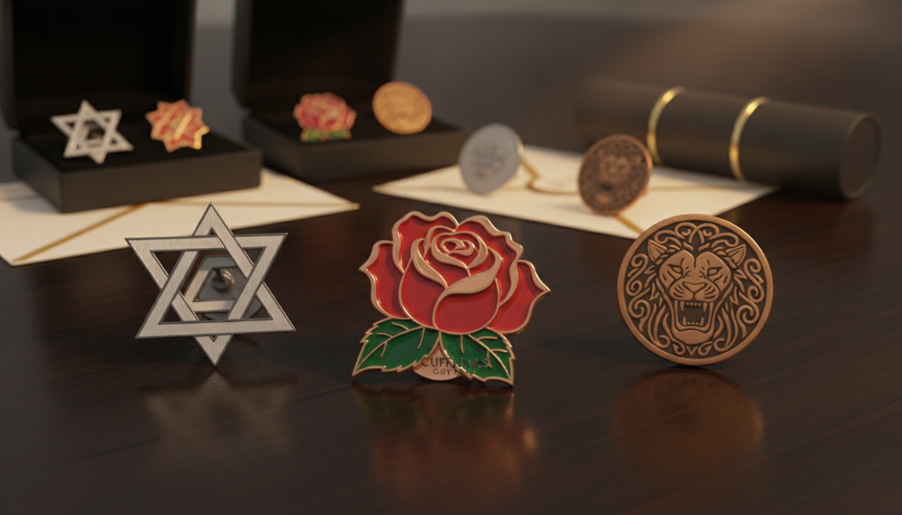 A visually striking collection of unique lapel pins displayed elegantly on a minimalist, dark wood surface. In the foreground, focus on three intricately designed lapel pins, each showcasing premium craftsmanship: a classic rose gold pin with an enamel finish, a geometric silver pin with sharp angles, and a vintage-style bronze pin with detailed engraving. In the middle background, softly blurred, showcase an assortment of other pins in elegant packaging, hinting at luxury and quality. The lighting is warm and inviting, emanating from overhead, creating subtle reflections on the pins’ surfaces. The mood is sophisticated and refined, ideal for discerning men. The brand "Cufflinks Gift Hub" subtly displayed on one pin’s backing, with no text or logos visible. Capture this scene from a slightly elevated angle, emphasizing the craftsmanship and details of each pin.
