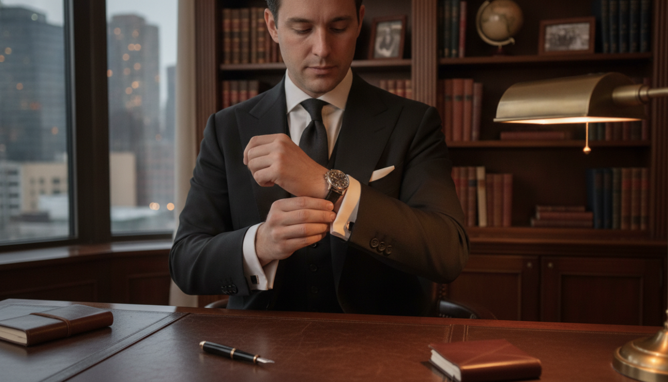 A well-dressed man in a tailored black suit is adjusting his silver cufflinks at a stylish wooden desk, showcasing the elegance and detail of formal attire. The cufflinks are intricately designed, glinting softly under a warm, subdued light from a nearby lamp, creating an intimate atmosphere. In the background, a tastefully arranged bookshelf filled with elegant books and decor adds depth to the scene, while a window reveals a slightly blurred cityscape, hinting at sophistication. The camera angle captures both the cufflinks and the man's confident posture from a slight overhead perspective, enhancing the focus on the accessories. The mood is refined and confident, reflecting the importance of cufflinks in completing a polished look.