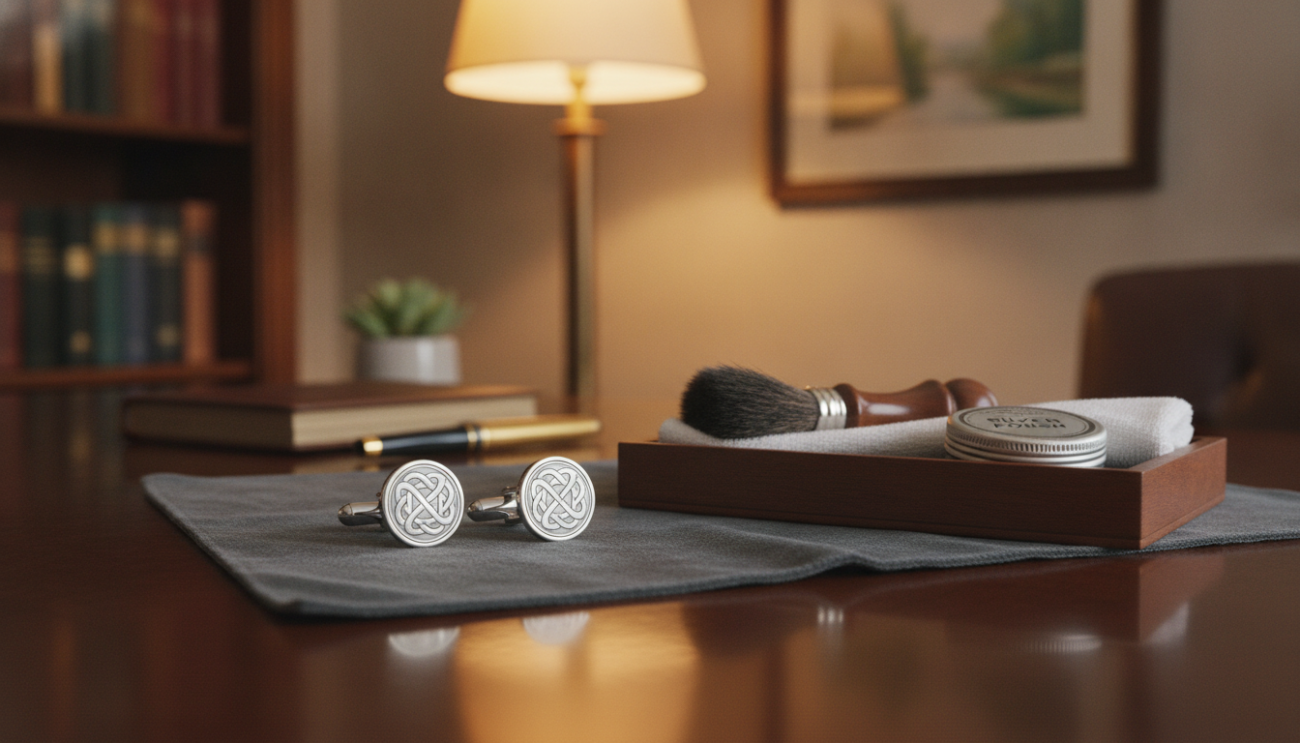 A well-lit, elegant workspace featuring a polished mahogany desk in the foreground, with a pair of exquisite cufflinks displayed prominently on a soft, textured fabric. The cufflinks are made of silver with intricate designs, reflecting light softly. In the middle ground, a classic cufflink care kit with tools like a soft brush, polishing cloth, and a small polish container is artfully arranged, suggesting careful maintenance. In the background, a blurred, tasteful decor of a sophisticated office with warm lighting adds a touch of refinement and coziness. The overall atmosphere is serene and luxurious, conveying a sense of care and attention to detail, ideal for showcasing the importance of cufflink maintenance. The composition is shot at a slight angle to draw the viewer's focus to the cufflinks and the care items.