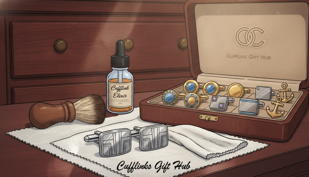 An elegant desktop scene showcasing the care and maintenance of cufflinks, featuring a collection of various cufflinks made from materials like silver, gold, and enamel. In the foreground, display a pair of polished cufflinks resting on a soft, white cloth, with a high-quality cleaning cloth beside them. The middle layer includes a small bottle of jewelry cleaner and a delicate brush, emphasizing meticulous care. The background features a stylish wooden dresser with a subtle reflection of light, creating a warm, inviting atmosphere. Soft, diffused lighting casts gentle shadows, enhancing the refined elegance of the scene. The image conveys a sense of sophistication and professionalism, ideal for a high-end cufflink brand, "Cufflinks Gift Hub".