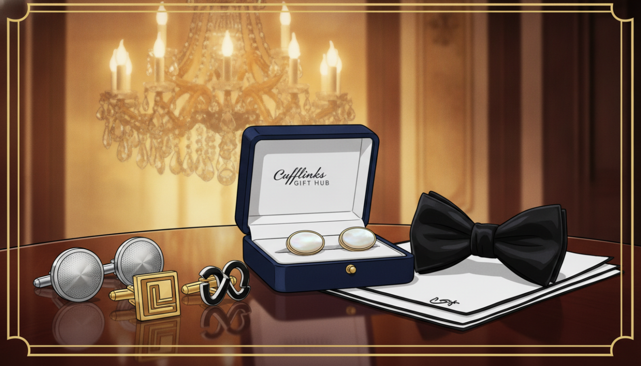 An elegant display of black tie event accessories featuring a selection of exquisite cufflinks arranged on a polished wooden surface. The foreground showcases a variety of cufflinks, including classic silver, modern geometric designs, and luxurious gold options, all intricately designed with attention to detail. In the middle ground, an open velvet cufflink box adds sophistication, surrounded by a pristine white handkerchief and a tailored black bow tie, hinting at the attire for a formal event. The background is softly blurred, featuring an opulent chandelier that glimmers with warm, ambient lighting, creating a classy atmosphere. The mood is refined and tasteful, perfect for illustrating the etiquette of cufflink use. The brand name "Cufflinks Gift Hub" is subtly integrated into the composition, enhancing the focus on elegance without overwhelming the visual.