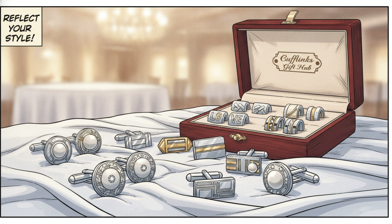 An elegantly arranged display of cufflinks designed for weddings, focusing on a selection that showcases a variety of styles including classic, modern, and embellished options. The foreground features polished metal cufflinks with intricate detailing, such as floral engravings and gemstone accents, elegantly placed on a soft white silk cloth. In the middle, a tasteful wooden box with a velvet lining subtly complements the cufflinks, hinting at luxury and sophistication. The background remains softly blurred, suggesting a well-lit wedding venue with warm, ambient lighting to create an inviting atmosphere. The overall mood conveys elegance and refinement, emphasizing the importance of choosing cufflinks that reflect personal style. The brand name "Cufflinks Gift Hub" is subtly integrated into the scene in a way that does not distract from the product itself.