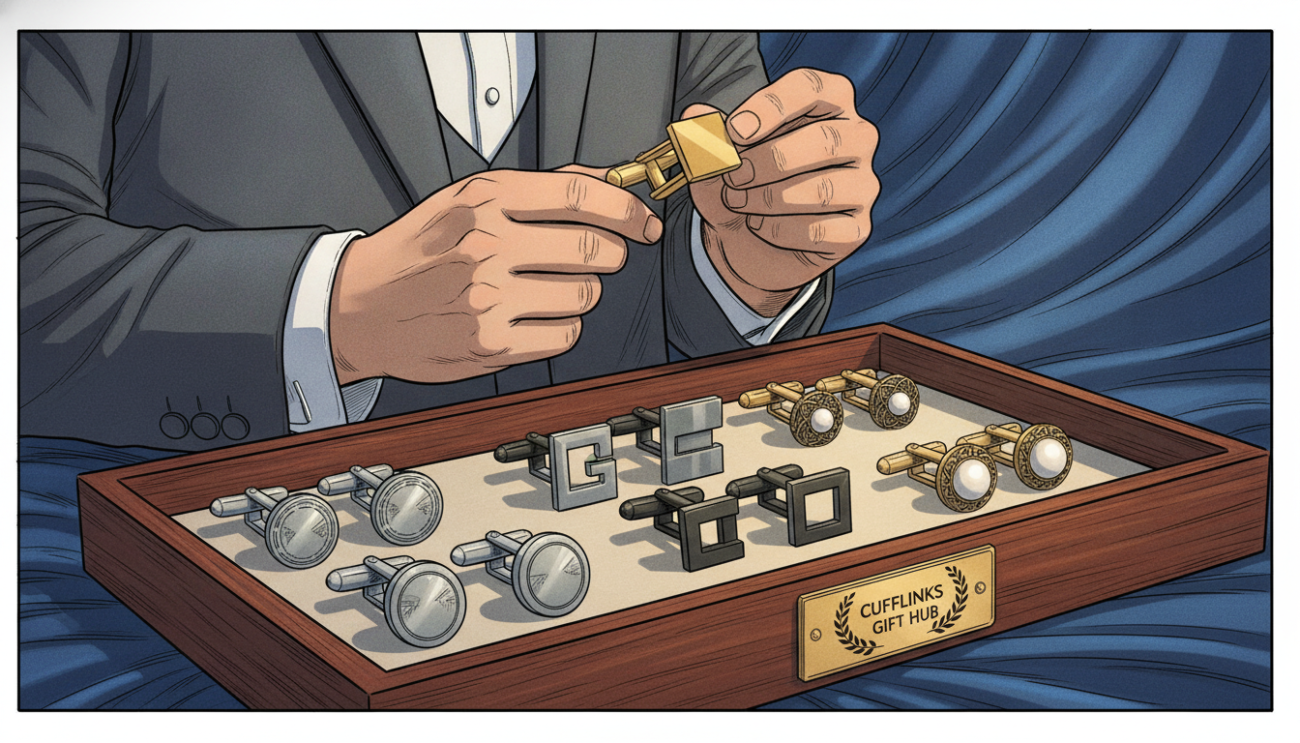 An elegantly arranged display of cufflinks for a groom's wedding outfit, situated on a luxurious velvet fabric background. In the foreground, focus on an assortment of stylish cufflinks, showcasing various designs: classic silver, modern geometric shapes, and vintage-inspired pieces, each resting on a polished wooden surface. A pair of well-dressed hands, in a tailored suit, thoughtfully examines the cufflinks, conveying the significance of this choice. In the middle ground, soft, diffused daylight filters gently through a nearby window, enhancing the rich textures and colors of the cufflinks. The atmosphere is sophisticated and intimate, capturing the importance of selecting the perfect cufflinks for a wedding. Include a subtle mention of "Cufflinks Gift Hub" prominently in the display without text overlays, establishing a connection to quality and elegance.