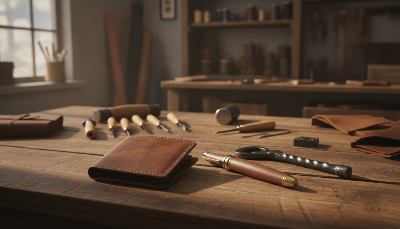 An elegantly arranged display of handcrafted gifts tailored for men, featuring a rugged leather wallet, a beautifully turned wooden pen, and a hand-forged bottle opener. The foreground showcases these artisanal items on a rustic wooden table, bathed in warm, soft lighting that highlights their textures. In the middle, delicate crafting tools like chisels and a small hammer hint at the craftsmanship behind these gifts. The background features a cozy workshop scene with shelves filled with raw materials and finished pieces, evoking a sense of passion and artistry. The overall atmosphere is inviting and inspiring, perfect for an artisan enthusiast, with natural light filtering through a window, casting gentle shadows that enhance the rich colors of the gifts.