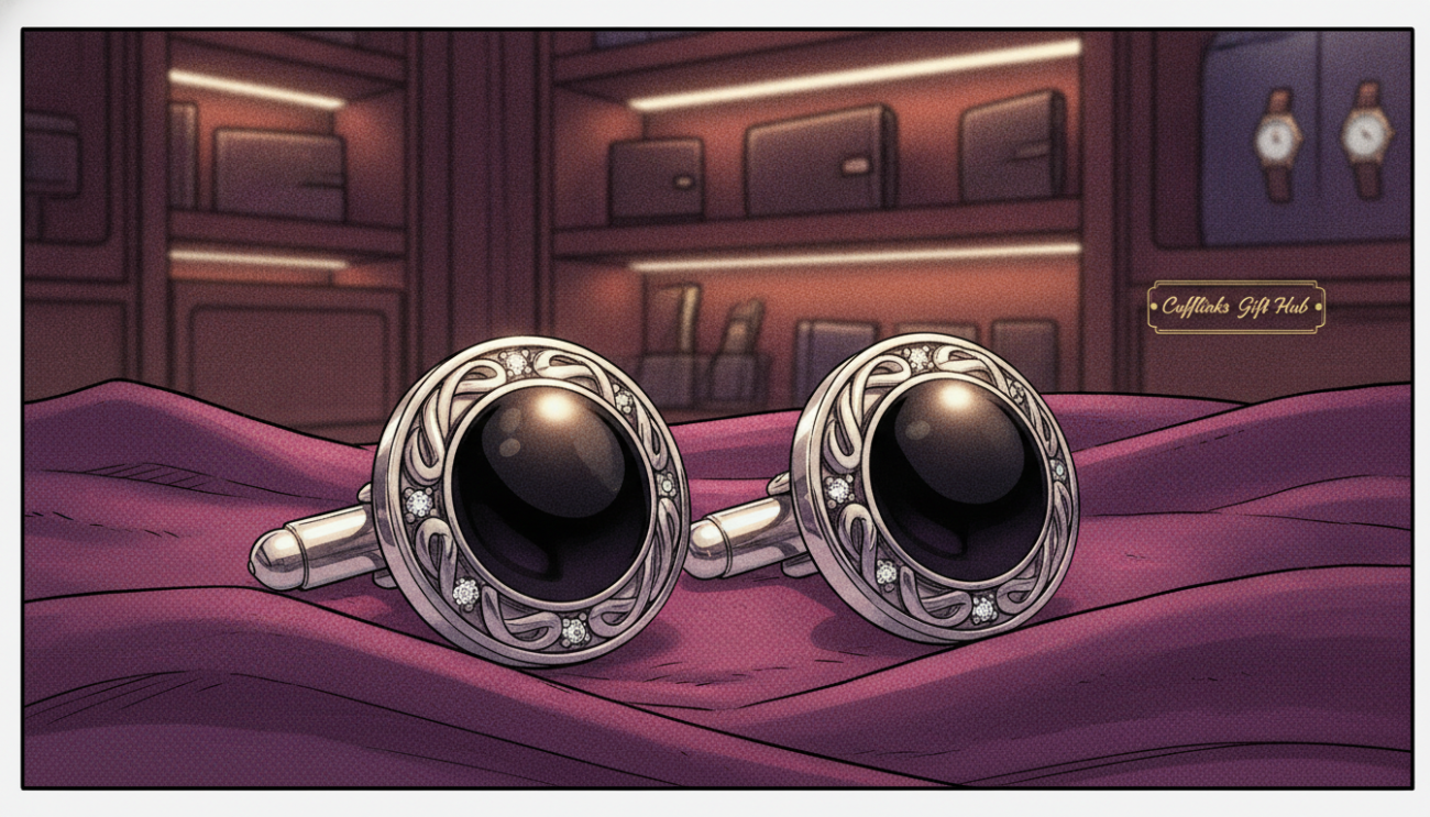 Elegant and luxurious cufflinks displayed prominently in the foreground, crafted from high-quality materials like sterling silver and onyx, showcasing intricate details and a polished finish. The middle ground features plush velvet or silk fabric as a backdrop, enhancing the high-end feel. A soft, diffused natural light illuminates the cufflinks, creating gentle reflections that highlight their craftsmanship. In the background, hints of an upscale boutique setting evoke exclusivity, with blurred shelves of luxury accessories. The overall mood is refined and sophisticated, emphasizing the artistry and elegance of formal cufflinks. The scene subtly incorporates the brand "Cufflinks Gift Hub," ensuring it aligns with the luxury theme while maintaining a clean, professional aesthetic.