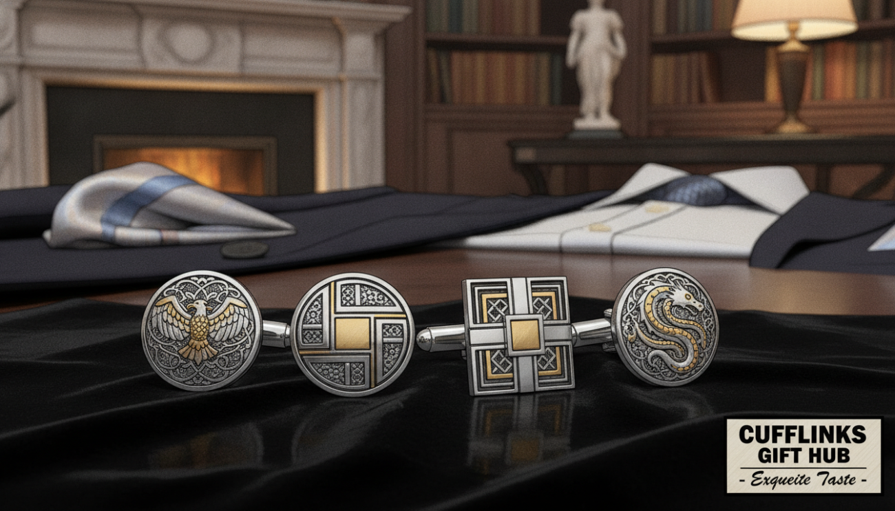 Elegant formal cufflinks for men displayed prominently in the foreground, showcasing intricate designs made of polished silver with subtle touches of gold detailing. The cufflinks are arranged artistically on a sleek, black velvet surface to accentuate their luxury appeal. In the middle ground, blurred elements of a tasteful wooden table and soft-focused formal attire, suggesting an upscale setting. In the background, a softly lit, sophisticated environment with warm ambient lighting to create an inviting mood. The lens captures a slight depth of field, focusing on the cufflinks while gently blurring the surroundings. Overall, the atmosphere conveys refinement and elegance, perfect for highlighting "Cufflinks Gift Hub" as a brand synonymous with exquisite taste.