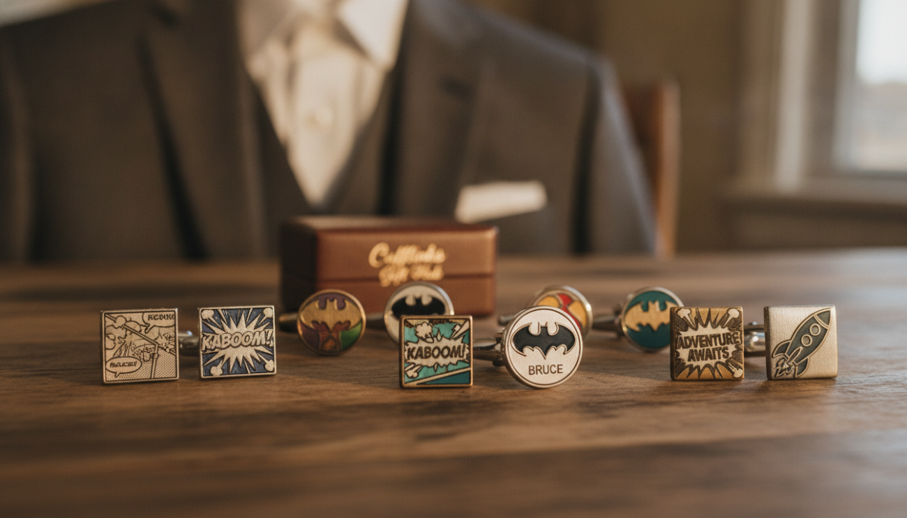 Handmade cufflinks displayed elegantly on a rustic wooden table, showcasing intricate designs that highlight craftsmanship. The foreground features a close-up view of assorted cufflinks, each with distinct patterns and personalized engravings, glinting softly in natural sunlight. In the middle layer, a sophisticated, blurred backdrop of a tailored suit jacket and a crisp white shirt, enhancing the cufflinks’ elegance. The lighting is warm and inviting, creating a luxurious atmosphere that emphasizes quality and attention to detail. The image captures a sense of refinement and personal expression, perfectly illustrating "Cufflinks Gift Hub" in a way that reflects the craftsmanship behind personalized cufflinks. The photograph is taken with a shallow depth of field, ensuring the cufflinks remain the focal point while retaining context with the elegant clothing surrounding them.
