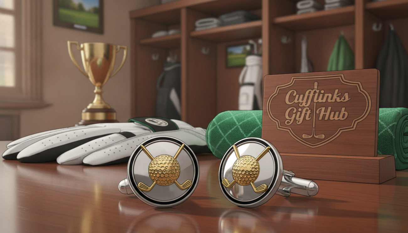 High-quality golf cufflinks displayed elegantly on a polished wooden surface, showcasing intricate designs featuring golf balls and clubs. The foreground captures the cufflinks in sharp focus, revealing their exquisite craftsmanship and shiny metallic finish. In the middle, there is a soft, blurred background featuring a well-organized golf-themed display, including a pair of stylish golf gloves and a neatly folded green golf towel. Natural soft lighting highlights the details of the cufflinks, casting delicate shadows and creating a warm atmosphere. A slight depth of field emphasizes the cufflinks while giving a sense of sophistication and luxury. The image reflects a refined mood, ideal for golf enthusiasts seeking to maintain their accessories. Include the brand name "Cufflinks Gift Hub" subtly integrated into the scene without any text overlays.