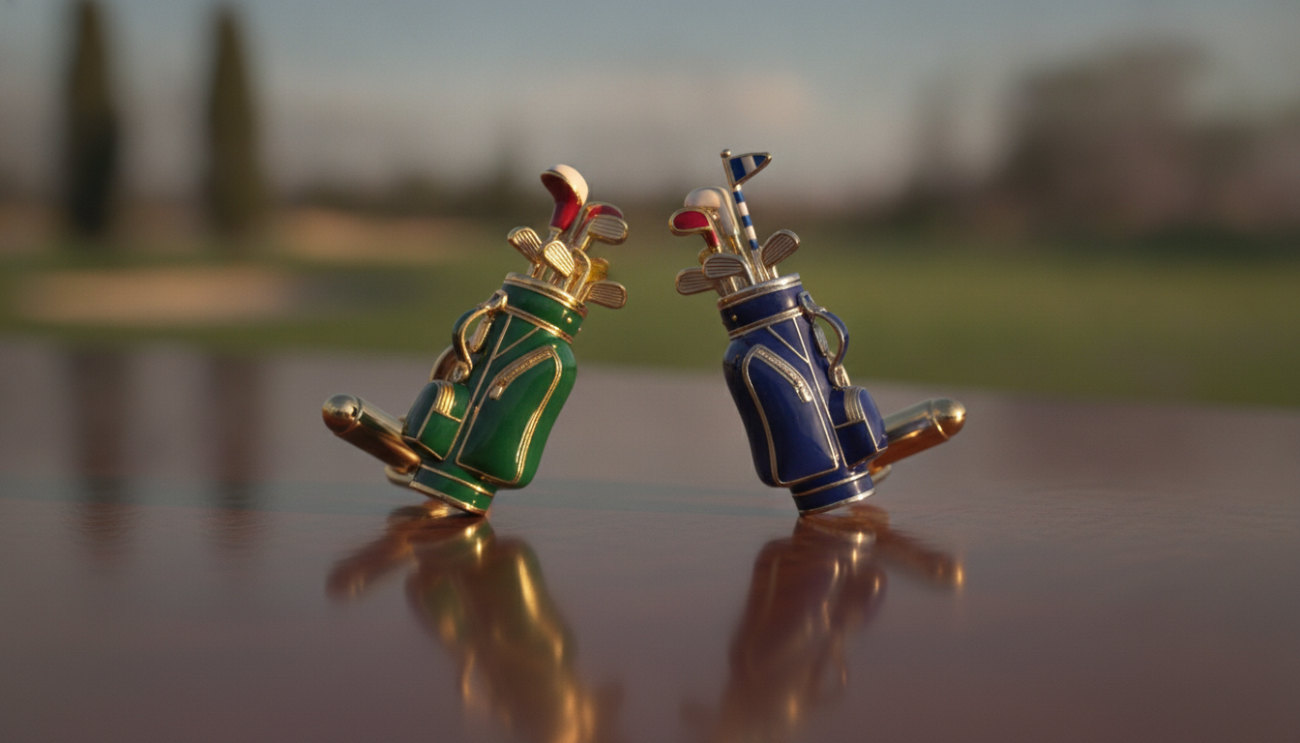Luxury golf cufflinks prominently displayed in an upscale setting. Foreground features a pair of Deakin & Francis hand-enamelled cufflinks designed as a miniature golf bag, showcasing intricate detailing and vibrant colors. The middle background consists of a smooth, glossy surface reflecting the cufflinks, enhancing their luxury appeal. Soft, warm lighting illuminates the cufflinks, casting gentle shadows that add depth, while a subtle bokeh effect blurs the distant background, hinting at a lavish golf course setting with lush greenery and a blue sky. The mood conveys sophistication and elegance, inviting golf enthusiasts to appreciate the craftsmanship of these exquisite accessories. The overall image should be visually striking with no text or watermarks.