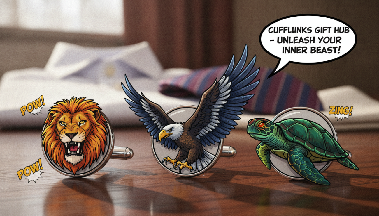 Men's animal themed cufflinks displayed elegantly on a polished wooden surface, featuring various designs such as a lion, eagle, and turtle, each intricately crafted with vivid colors and detailed textures. The foreground showcases a close-up of the cufflinks, highlighting their craftsmanship and unique animal motifs. In the middle, a soft-focus background includes an elegantly folded white dress shirt and a classic tie, enhancing the sophisticated theme. Natural light streams in from a nearby window, casting gentle shadows that create an inviting atmosphere. The lens angle captures the cufflinks at eye level, making them the focal point of the image. The overall mood is classy and refined, perfect for showcasing the charm of men's accessories from Cufflinks Gift Hub.