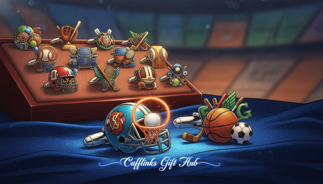 Stylish cufflinks for sports aficionados, featuring a sleek design with elements inspired by popular sports such as football, basketball, and golf. The foreground showcases a pair of intricate cufflinks, with vibrant colors and details like miniature sports equipment and logos, elegantly displayed on a soft, luxurious fabric. In the middle, a well-organized display of various cufflinks sits on a polished wooden surface, reflecting light subtly to highlight their craftsmanship. The background includes a softly blurred gradient that suggests a tasteful atmosphere, enhancing the mood of sophistication combined with sports enthusiasm. The lighting is warm and inviting, with a focus on gloss and texture, creating an appealing ambiance. Include the brand name "Cufflinks Gift Hub" subtly integrated into the composition.