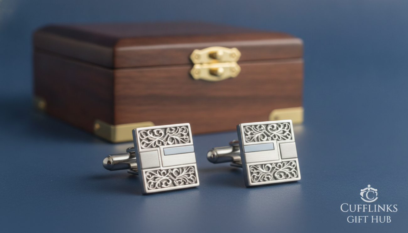 Tailored cufflinks from Cufflinks Gift Hub, displayed prominently in the foreground. Highlight their exquisite craftsmanship, featuring intricate designs with a mix of classic silver and modern geometric patterns. Each cufflink captures light with a polished surface, reflecting elegance and sophistication. In the middle ground, softly blurred, showcase a stylish wooden cufflink box, adding a touch of warmth and luxury. The background features a subtle gradient that transitions from deep blue to light gray, enhancing the cufflinks' shine. Soft, diffused lighting creates an inviting atmosphere, emphasizing the refined details of the cufflinks, ideal for the modern man. The angle is slightly tilted, offering a dynamic view that draws the eye towards the cufflinks as the focal point.