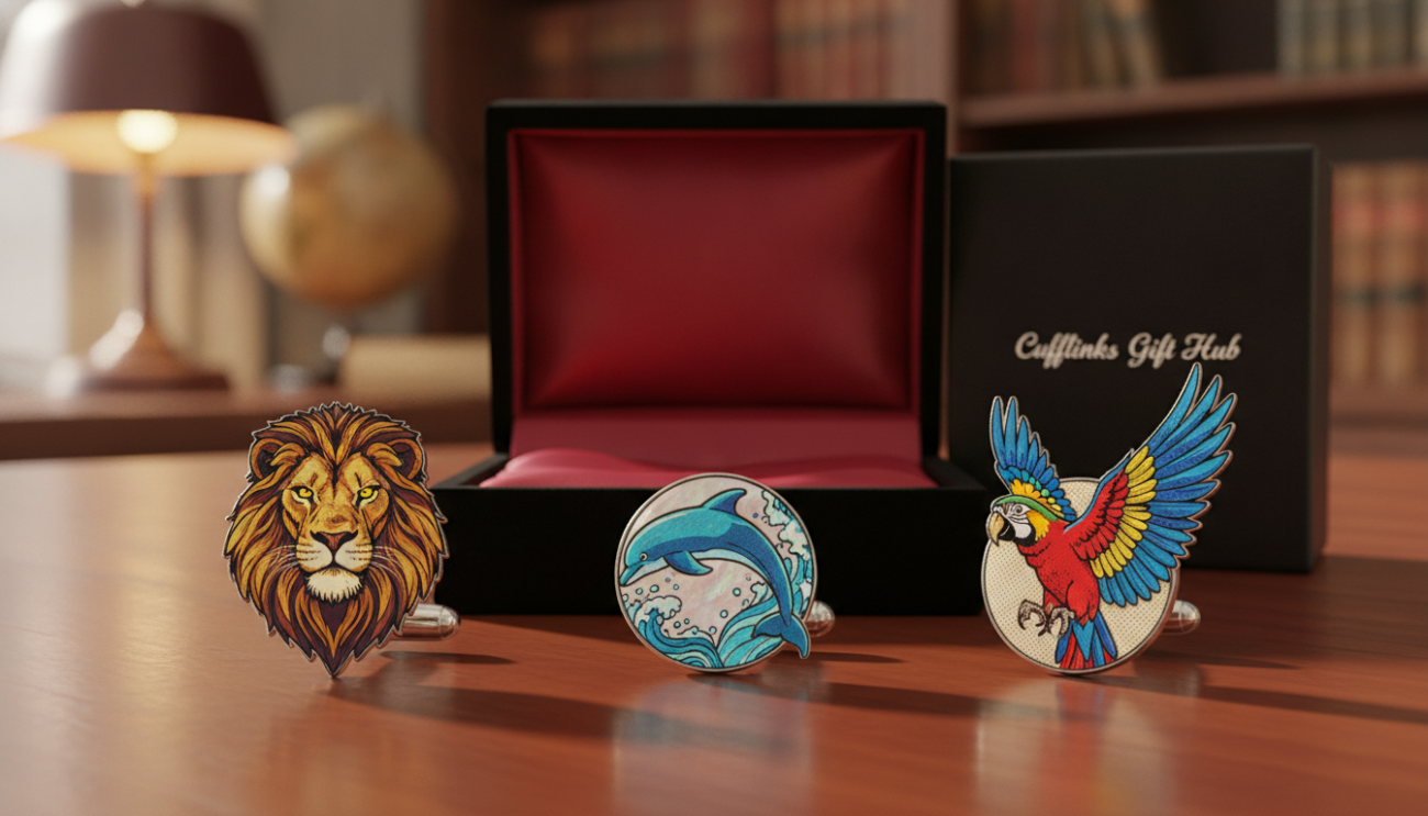 Wildlife-themed cufflinks featuring intricate designs of a majestic lion, a graceful dolphin, and a colorful parrot. Each cufflink showcases detailed textures and vibrant colors, reflecting the natural beauty of these animals. The foreground presents the cufflinks prominently displayed on a rich mahogany wooden surface, with soft shadows enhancing their elegance. In the middle, a luxurious black velvet box is partially open, hinting at a perfect gift. The background gently blurs, suggesting a sophisticated study environment with warm, ambient lighting that creates a timeless atmosphere. The overall mood is one of refined sophistication and exquisite taste, ideal for the discerning gentleman. "Cufflinks Gift Hub" branded subtly, ensuring focus remains on the cufflinks themselves.