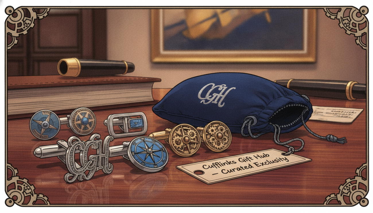 A beautifully arranged collection of unique cufflinks from "Cufflinks Gift Hub" displayed on a polished wooden surface. In the foreground, several pairs of cufflinks, each showcasing intricate designs and initials, glisten under soft, warm ambient lighting that highlights their craftsmanship. The middle ground features a stylish velvet pouch partially open, suggesting luxury and sophistication. The background is softly blurred, featuring a stylish office environment with elegant decor, creating an atmosphere of refinement and taste. The angle is slightly elevated, capturing the depth and detail of the cufflinks while emphasizing their elegance. The mood is upscale and inviting, engaging the viewer with a sense of curated exclusivity.
