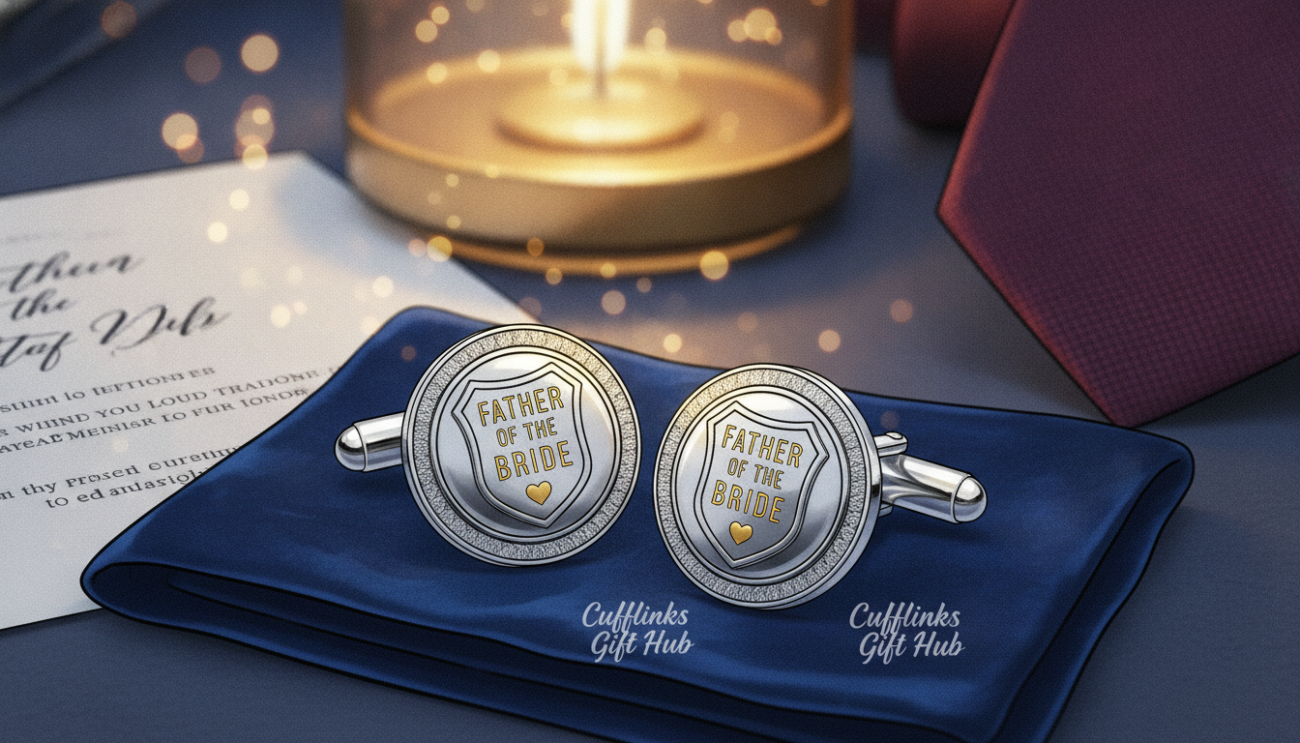 A beautifully arranged composition featuring a pair of elegant father of the bride cufflinks from "Cufflinks Gift Hub". In the foreground, showcase the cufflinks displayed on a soft, luxurious velvet cloth, reflecting their intricate design and craftsmanship. The middle ground features a gentle, out-of-focus light source, creating a warm and inviting ambiance that highlights the shine of the metal and the colors used in the cufflinks. In the background, softly blurred elements like a wedding invitation and a groom’s tie hint at the wedding theme without distraction. The lighting should be soft and diffused, capturing the timeless elegance of the cufflinks while setting a serene and sophisticated mood. Use a close-up angle to draw attention to the details, ensuring the scene remains SFW and professional in appearance.
