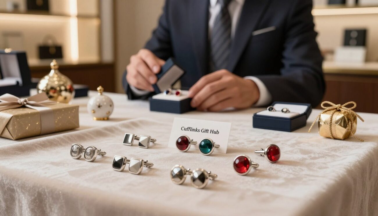 A beautifully arranged display of elegant cufflinks gift ideas from "Cufflinks Gift Hub". In the foreground, showcase a selection of diverse cufflink designs, including classic silver, modern geometric, and fun novelty styles, each resting on a soft, luxurious fabric. In the middle ground, a well-dressed man in business attire examines a cufflinks gift box, surrounded by decorative elements like gift wrapping and small, tasteful accessories that enhance the gifting experience. The background features an inviting, softly lit atmosphere, perhaps a hint of a stylish office or upscale boutique setting. Use warm lighting to create an elegant and sophisticated mood, with a slight focus on the cufflinks to draw the viewer's attention. The scene should feel polished and reflect the thoughtful nature of gifting cufflinks for special occasions.