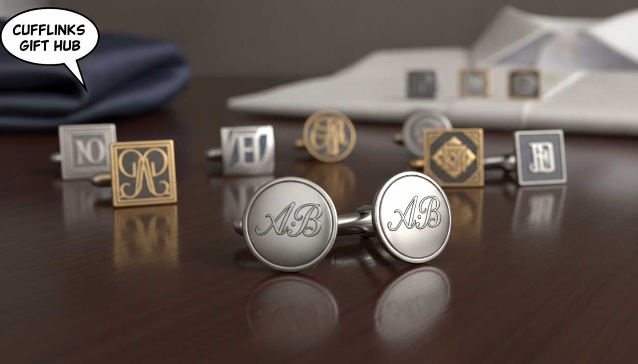 A beautifully arranged display of elegant initial cufflinks on a polished wooden surface, highlighted under soft, diffused lighting that enhances their metallic sheen. The cufflinks feature intricate monogram designs in silver and gold finishes, showcasing a mix of classic and contemporary styles. In the foreground, focus on a pair of cufflinks engraved with the initials "A.B." The middle ground captures a subtle reflection of the cufflinks, emphasizing their quality and craftsmanship. In the background, a blurred collection of additional cufflinks and a well-tailored dress shirt suggest the refined taste of the modern gentleman. The overall atmosphere should be sophisticated and inviting, ideal for the discerning buyer. Cufflinks Gift Hub.