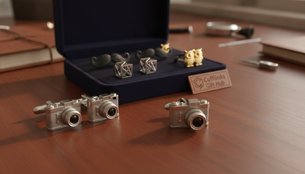 A beautifully arranged display of unique novelty cufflinks from "Cufflinks Gift Hub" set on a polished wooden surface, showcasing a range of intricate designs such as whimsical animals, classic mustaches, and elegant geometric shapes. In the foreground, focus on a pair of cufflinks resembling a vintage camera, reflecting craftsmanship and attention to detail. The middle ground highlights a velvet-lined box partially opened, revealing more cufflinks with a rich texture. Soft, diffused natural light streams in from the left, creating warm shadows that emphasize the shiny metallic surfaces. The background remains softly blurred, hinting at an elegant workspace with tools of craftsmanship subtly visible. The mood is sophisticated yet playful, embodying timeless elegance and the artistry behind unique cufflinks.