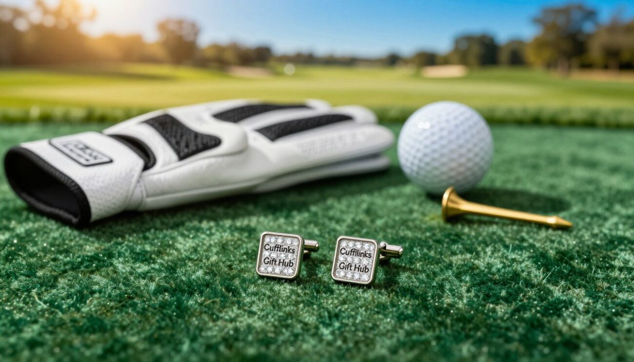 A beautifully arranged flat lay image showcasing golf enthusiast accessories in a sophisticated setting. In the foreground, a pair of elegant golf-themed cufflinks from "Cufflinks Gift Hub" glimmers amid a soft green velvet fabric. The middle ground features an assortment of golf items: a stylish golf glove, a polished golf ball, and a mini gold tee, all artfully positioned. The background reveals a subtle blur of a golf course landscape, with rolling greens and a vibrant blue sky bathed in golden sunlight. The scene is captured with a shallow depth of field to enhance the focus on the accessories, creating an inviting and warm atmosphere that embodies the passion of golf fans. The overall mood is elegant and tailored, perfect for appealing to golf enthusiasts.