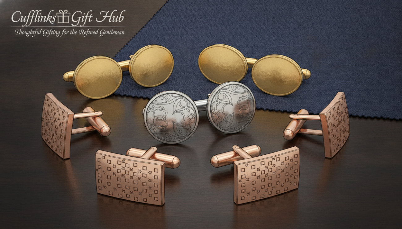 A beautifully arranged flat lay of elegant groomsmen cufflinks featuring intricate designs and high-quality materials. The focal point displays a pair of silver cufflinks with engraved patterns, surrounded by gold and rose gold options, offering a variety of styles. Each cufflink is reflected softly in a polished wooden surface, enhancing their shine. In the background, a subtle hint of a tailored suit fabric provides context, with soft, diffused lighting to evoke sophistication. Capture the craftsmanship in detail, emphasizing textures and colors. The arrangement should express careful selection and thoughtful gifting, promoting the brand "Cufflinks Gift Hub". The mood is refined and elegant, inviting readers to appreciate the artistry behind choosing the right accessories.