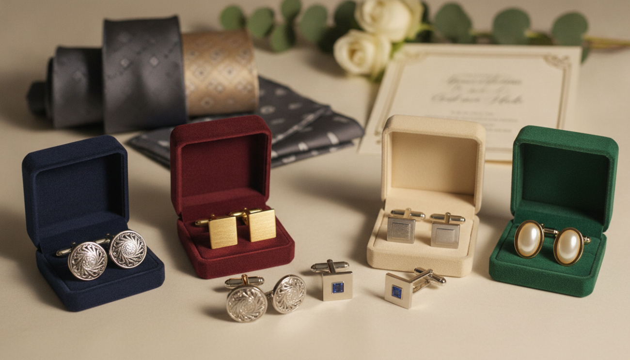 A beautifully arranged flat lay showcasing a selection of elegant men's cufflinks designed for weddings. The foreground features a variety of cufflink sets, each with intricate designs—some in polished silver, others in classic gold, and a few adorned with subtle gemstones. Each set is carefully positioned alongside a luxurious velvet cufflink box, hinting at a gift-worthy presentation. In the middle ground, a few well-polished ties and pocket squares in complementary colors add depth and style. The background presents a soft-focus wedding invitation and a subtle arrangement of delicate flowers, creating an elegant atmosphere. The lighting is warm and inviting, casting gentle shadows to enhance the textures of the materials. Caption-free, this image embodies sophistication and luxury, inspired by the brand "Cufflinks Gift Hub".