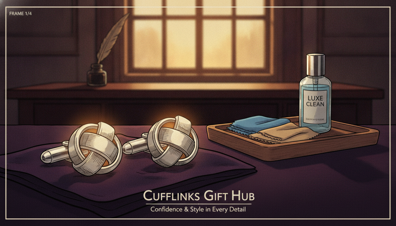 A beautifully arranged scene focusing on silver knot cufflinks, gleaming softly under warm, natural lighting. In the foreground, a pair of polished silver knot cufflinks are placed on a dark velvet cloth, showcasing their intricate design and craftsmanship. On the middle ground, there is a delicate care kit featuring a lint-free cloth, a small polishing cloth, and a bottle of gentle jewelry cleaner, each thoughtfully arranged to imply maintenance. In the background, a blurred elegant workspace with a wooden desk and soft light filtering through a window enhances the luxurious ambiance. The mood is sophisticated and serene, ideal for a discerning audience. This image represents Cufflinks Gift Hub’s commitment to care and maintenance, promoting confidence and style in every detail.