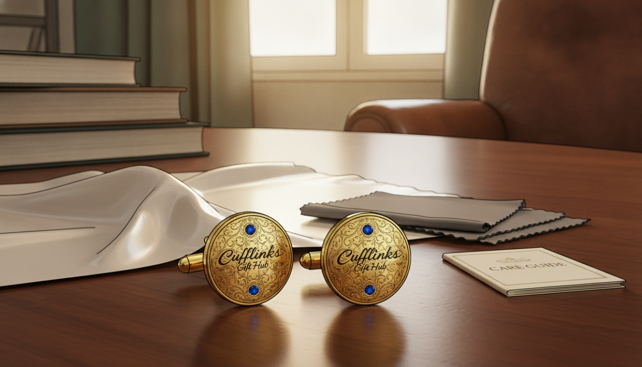A beautifully arranged set of artisan cufflinks displayed on an elegant wooden surface, showcasing intricate craftsmanship. The foreground features a pair of gold-plated cufflinks adorned with detailed engravings and sapphire inlays, highlighting their luxurious design. In the middle, a light-reflecting soft cloth serves as a backdrop, adding a touch of sophistication, while a small polishing cloth and care instructions book lie nearby, subtly hinting at maintenance practices. The background consists of a blurred, soft-focus office setting, featuring warm ambient lighting that creates an inviting atmosphere. The angle is slightly overhead, capturing the cufflinks in sharp detail, invoking a sense of refined elegance. The brand name "Cufflinks Gift Hub" is implied in the distinguished style of the cufflinks, reflecting their premium quality.