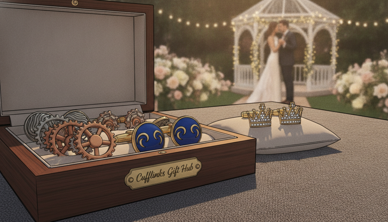 A beautifully arranged set of designer cufflinks from Cufflinks Gift Hub, showcasing an elegant collection. In the foreground, feature a polished wooden display box partially open, revealing a variety of unique cufflinks—some with intricate geometric patterns, others with classic enamel finishes in royal blue and gold. In the middle ground, a stylish pair of cufflinks is highlighted with soft, diffused lighting to emphasize their craftsmanship and elegance. In the background, a blurred romantic setting with muted colors suggests a sophisticated wedding environment, enhancing the theme of timeless luxury. The scene is captured from a low angle, lending an air of sophistication, with a warm, inviting atmosphere that evokes a sense of celebration and style suitable for weddings.