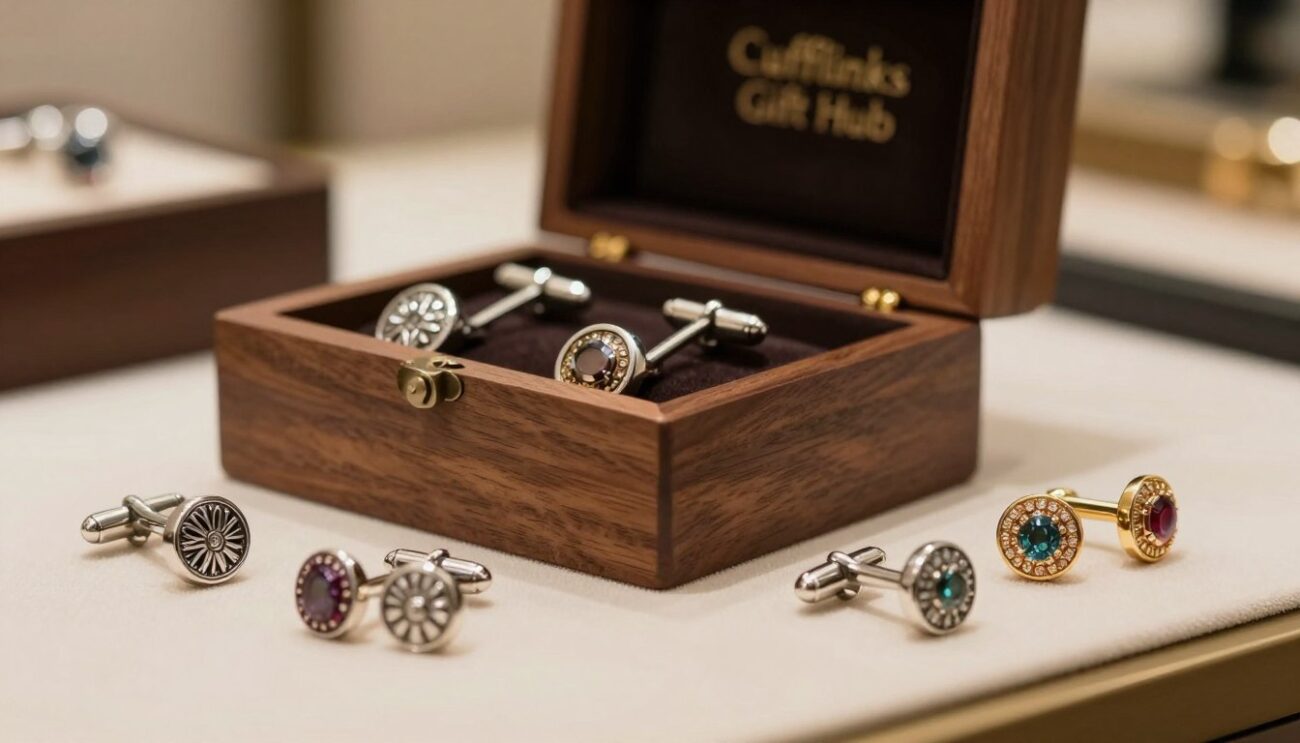 A beautifully arranged set of luxury cufflinks designed for men, showcasing a variety of exquisite styles and materials. In the foreground, focus on a pair of elegant silver cufflinks with intricate designs, alongside gold and gemstone-studded options. The middle ground features a polished wooden box, gently opened to reveal the cufflinks, emphasizing their presentation as a perfect gift. The background should be softly blurred, suggesting a refined setting like a sophisticated dressing room or boutique display. Illuminate the scene with soft, warm lighting to create an inviting mood, and capture it from a slightly elevated angle with a shallow depth of field to ensure the cufflinks are the main focus. The image should evoke a sense of luxury and style, representing "Cufflinks Gift Hub."