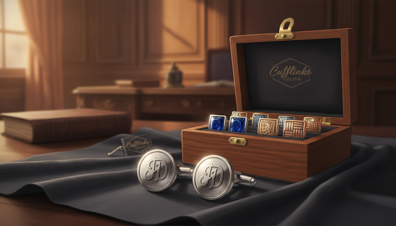 A beautifully arranged set of personalized cufflinks from "Cufflinks Gift Hub" displayed elegantly on a soft, dark velvet surface. Foreground: two cufflinks designed with intricate monograms and polished metallic finishes reflecting soft light. Middle: a refined wooden box, partially open, revealing more custom cufflinks in varied styles, including gemstone accents and engraved designs. Background: softly blurred luxurious office setting with a warm wood table and ambient lighting to evoke sophistication. Capture the scene with a shallow depth of field, focusing on the cufflinks, while maintaining a softly lit atmosphere that exudes elegance and charm. The overall mood should be refined and inviting, ideal for a discerning gentleman seeking to personalize his accessories.